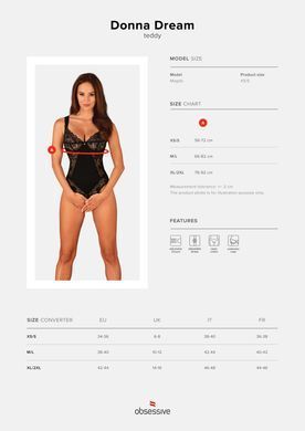 Кружевное боди Obsessive Donna Dream crotchless teddy XL/2XL Black, открытый доступ SO8635 фото