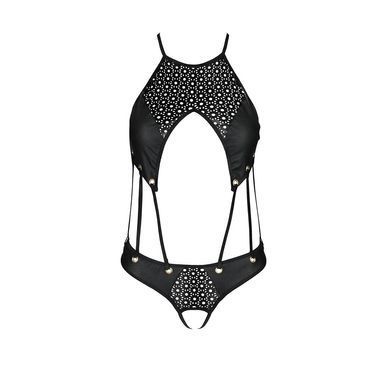 Боді з відкритим доступом Passion TASMINA BODY L/XL black, екошкіра, шнурівки, ажурні мережива SO8488 фото