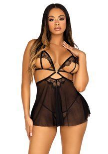 Сорочка беби-долл с открытыми чашками Leg Avenue Lace and mesh babydoll & panty Black S, стринги SO9163 фото